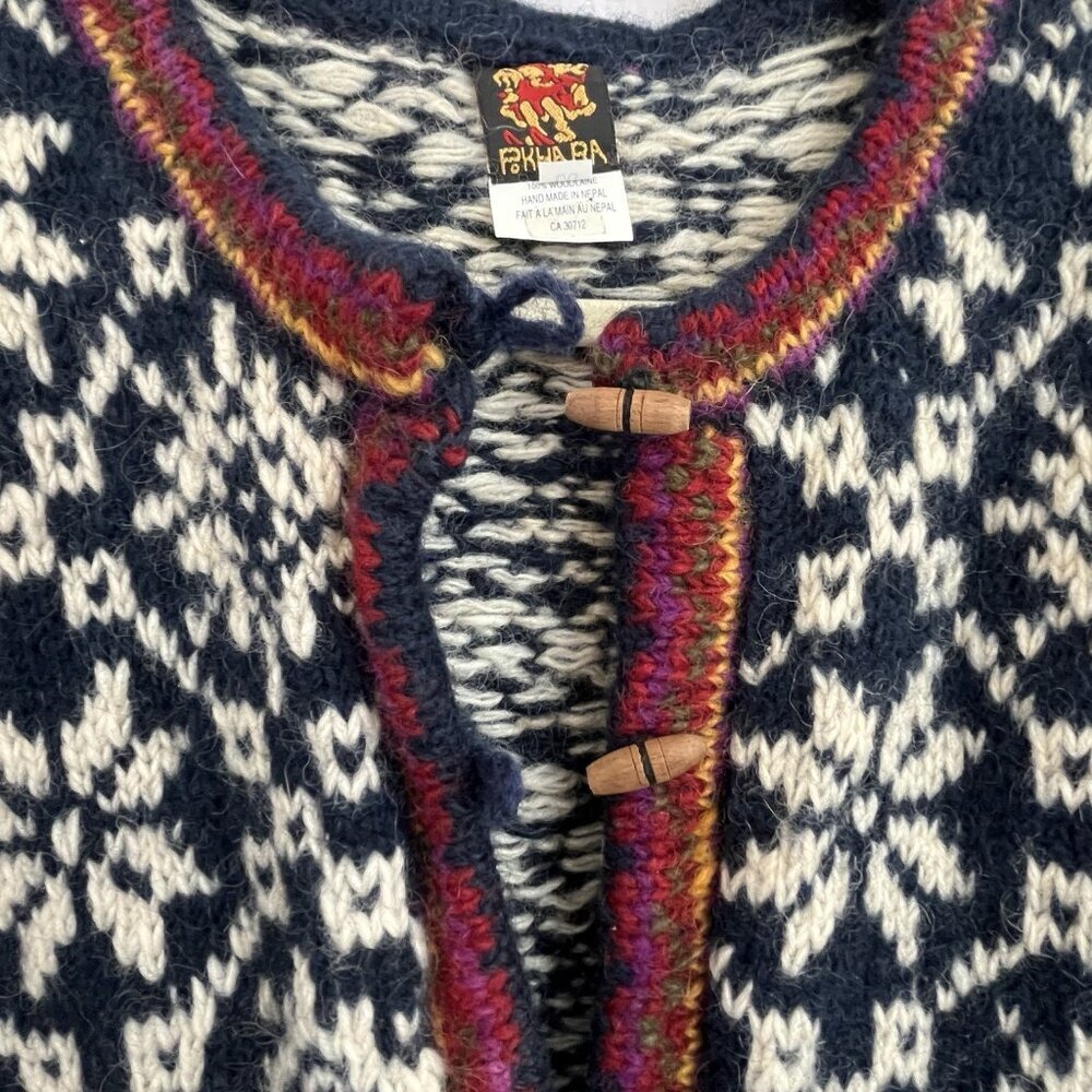Pokhara Hand Knit Women Wool Cardigan Sweater L Nordic Fair Isle Toggle Buttons - Picture 8 of 13